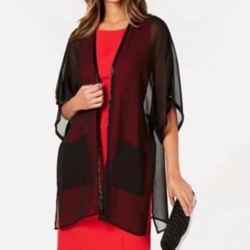 Cejon black beaded sheer kimono with pockets. One size fits most. New with tags.